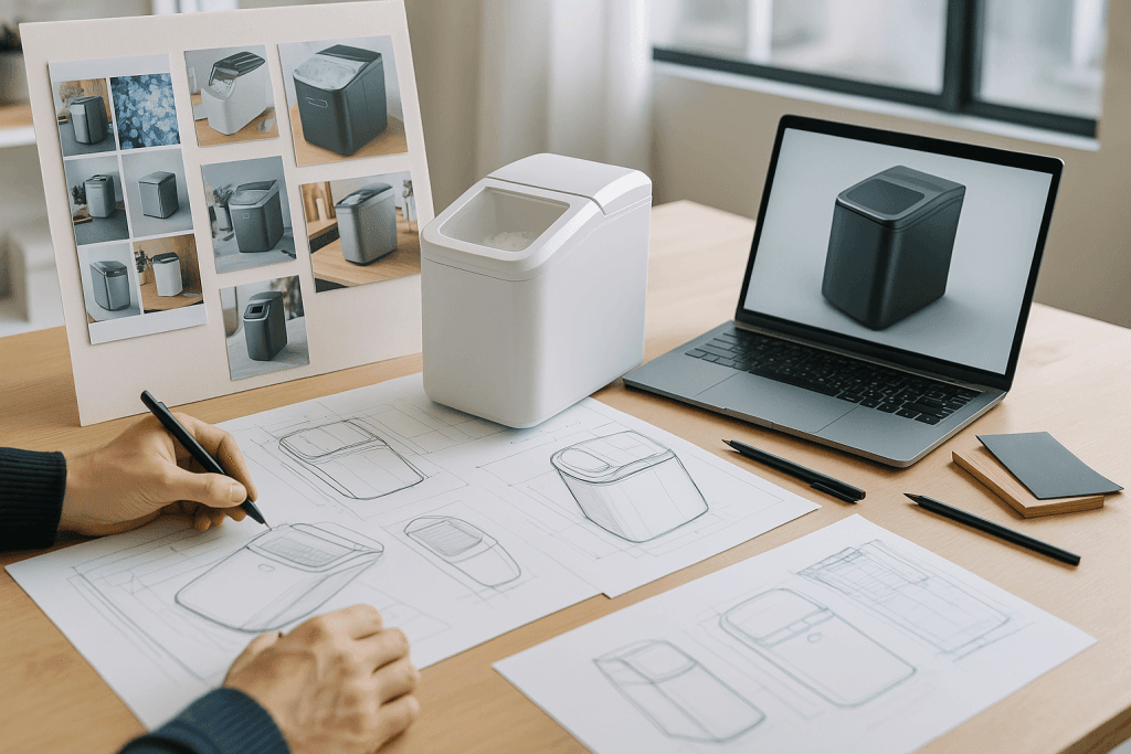 Industrial designer sketching Nuggetice™ machine with prototype, blueprints, and 3D model in a modern workspace