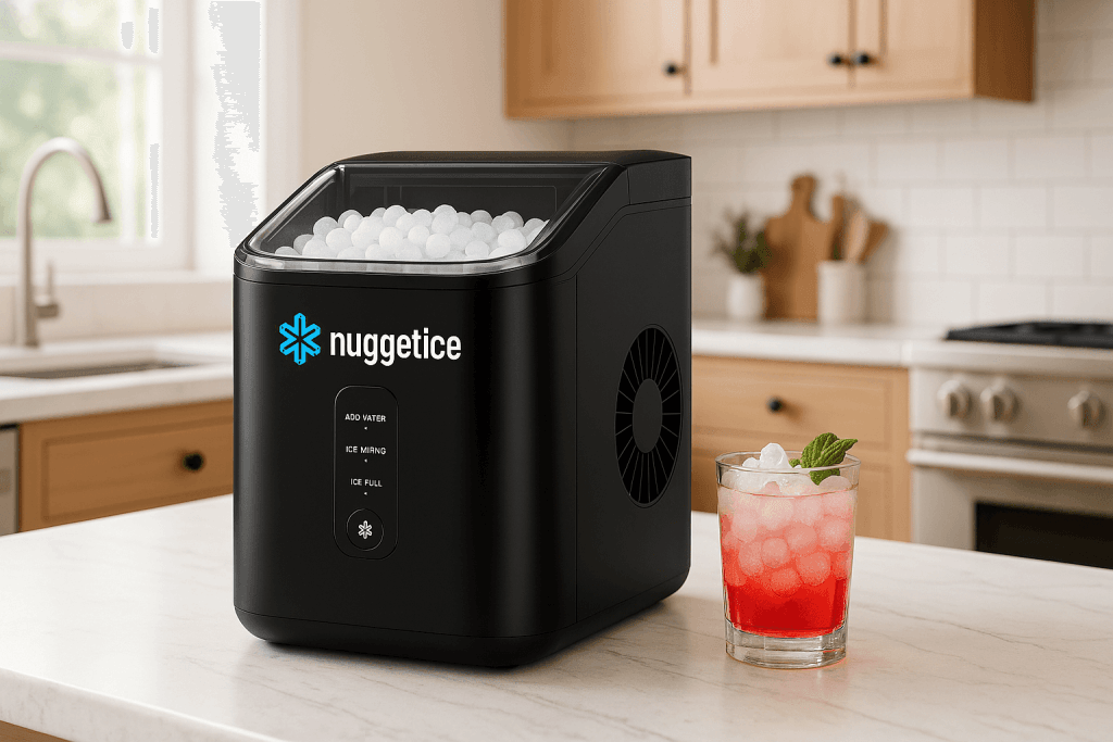 Nuggetice™ black countertop ice maker with nugget ice and red cocktail in a modern American kitchen